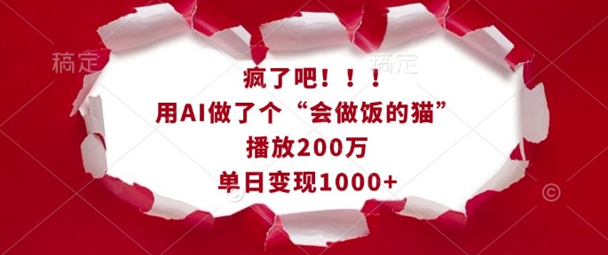 疯了吧！用AI做了个“会做饭的猫”，播放200万，单日变现1k-第一资源库