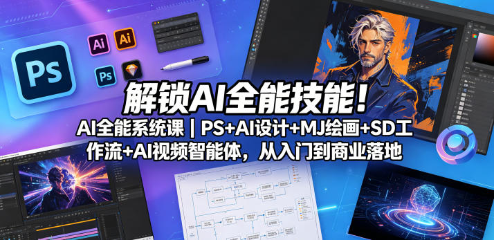 解锁AI全能技能！AI全能系统课｜PS+AI设计+MJ绘画+SD工作流+AI视频智能体，从入门到商业落地-第一资源库