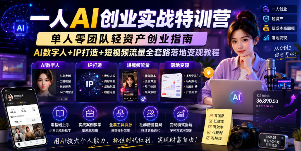 一人AI创业实战特训营，单人零团队轻资产创业指南，AI数字人+IP打造+短视频流量全套路落地变现教程-第一资源库