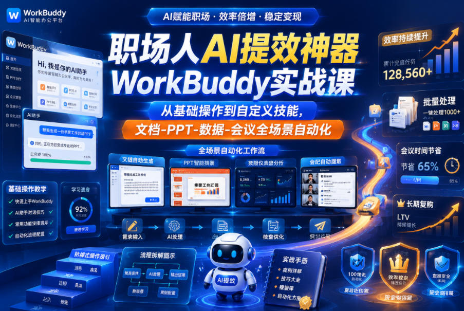 职场人AI提效神器WorkBuddy实战课，从基础操作到自定义技能，文档-PPT-数据-会议全场景自动化-第一资源库