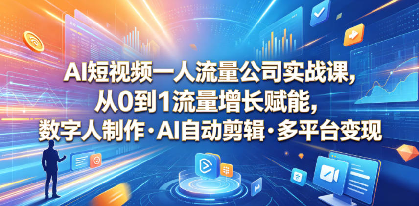 AI短视频一人流量公司实战课，从0到1流量增长赋能，数字人制作・AI自动剪辑・多平台变现，一人做流量生意全落地教程-第一资源库
