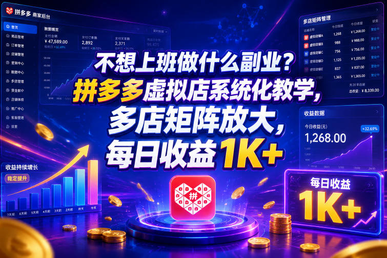 不想上班做什么副业？拼多多虚拟店系统化教学，多店矩阵放大，每日收益1K+【揭秘】-第一资源库