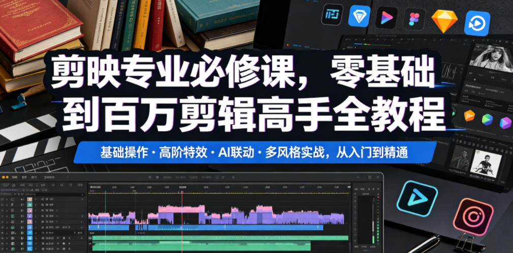 剪映专业必修课，零基础到百万剪辑高手全教程，基础操作・高阶特效・AI联动・多风格实战，从入门到精通-第一资源库