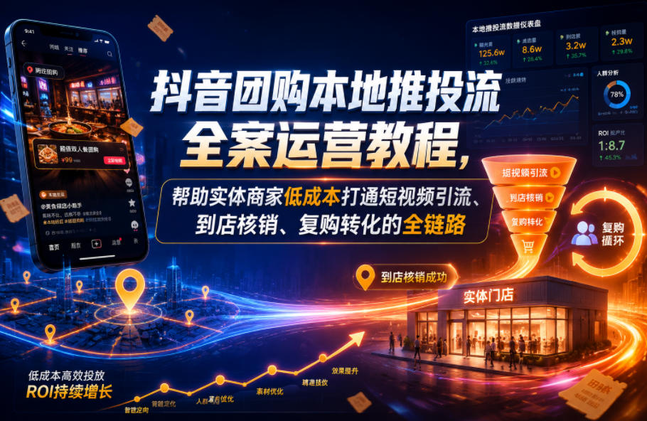 抖音团购本地推投流全案运营教程，帮助实体商家低成本打通短视频引流、到店核销、复购转化的全链路-第一资源库