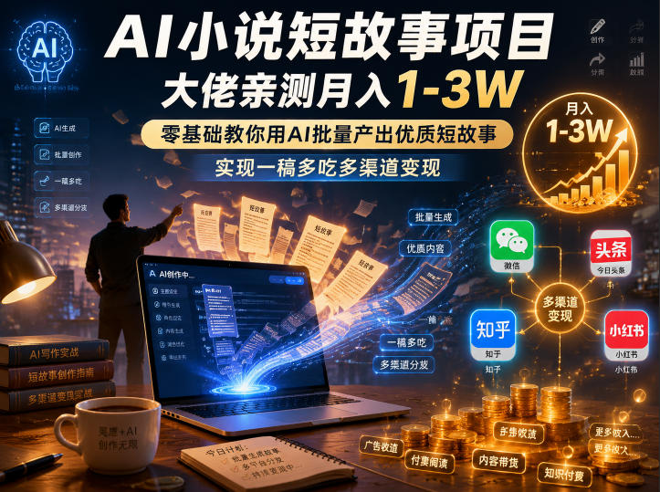 AI小说短故事项目,大佬亲测月入1-3W,零基础教你用AI批量产出优质短故事,实现一稿多吃多渠道变现