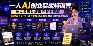 一人AI创业实战特训营，单人零团队轻资产创业指南，AI数字人+IP打造+短视频流量全套路落地变现教程-第一资源库